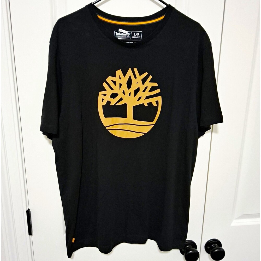 Timberland Men's Crew Neck Short Sleeve Black/Gold Tree Logo Tee Size Large